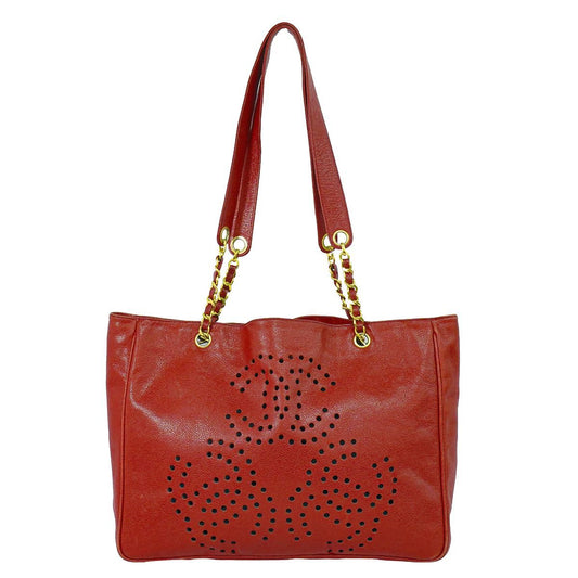 Chanel Perforated Triple CC Logo Shoulder Bag Tote Caviar Leather Red