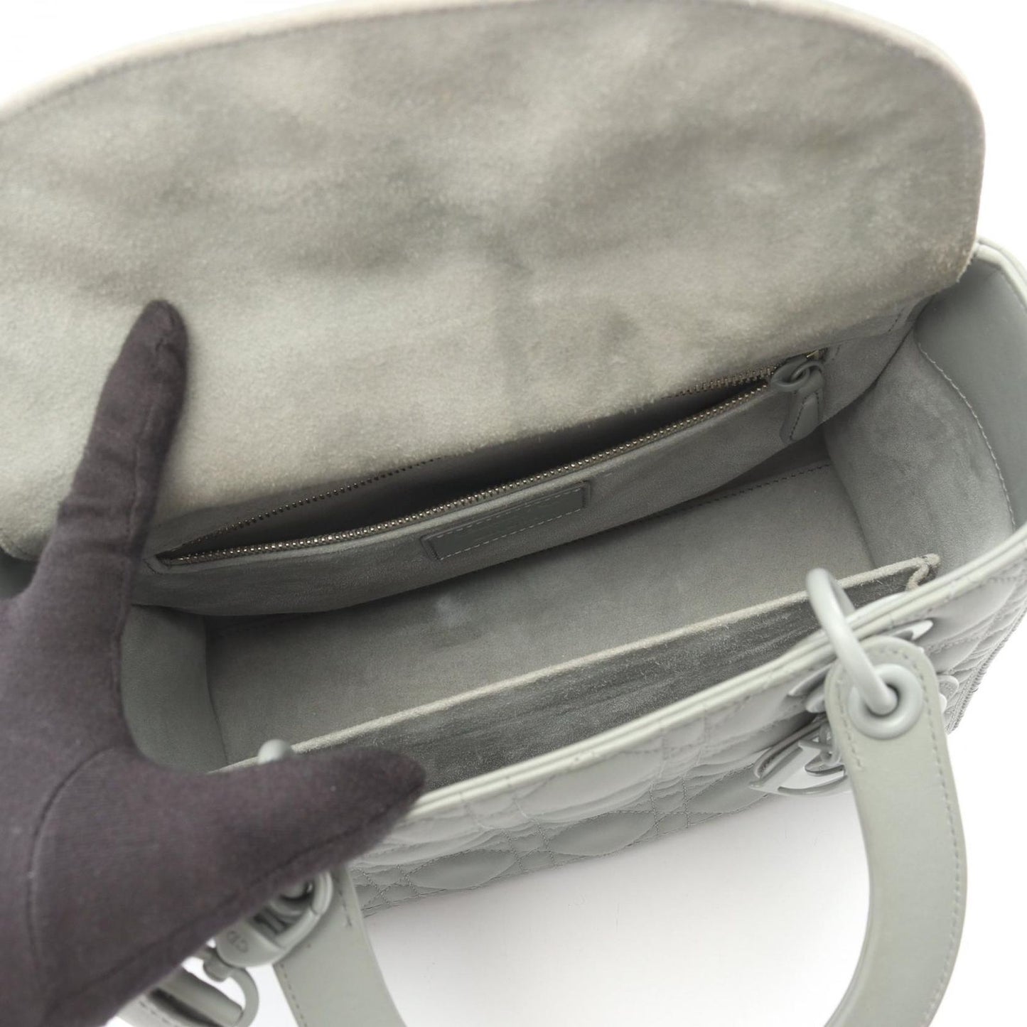 Dior Handbag Lady Dior Cannage 2-Way Matte Gray Leather Tote — view 3