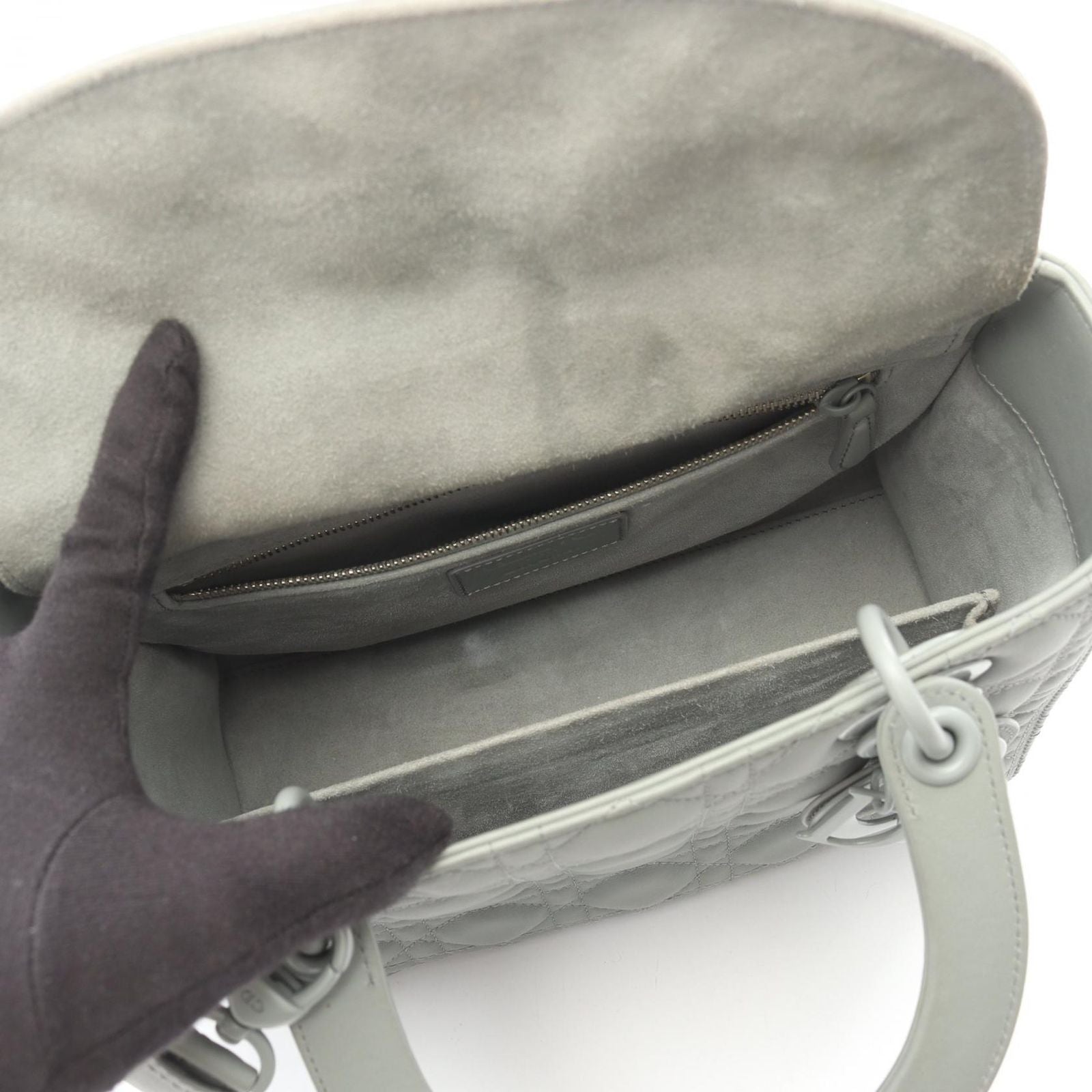 Dior Handbag Lady Dior Cannage 2-Way Matte Gray Leather Tote — view 3