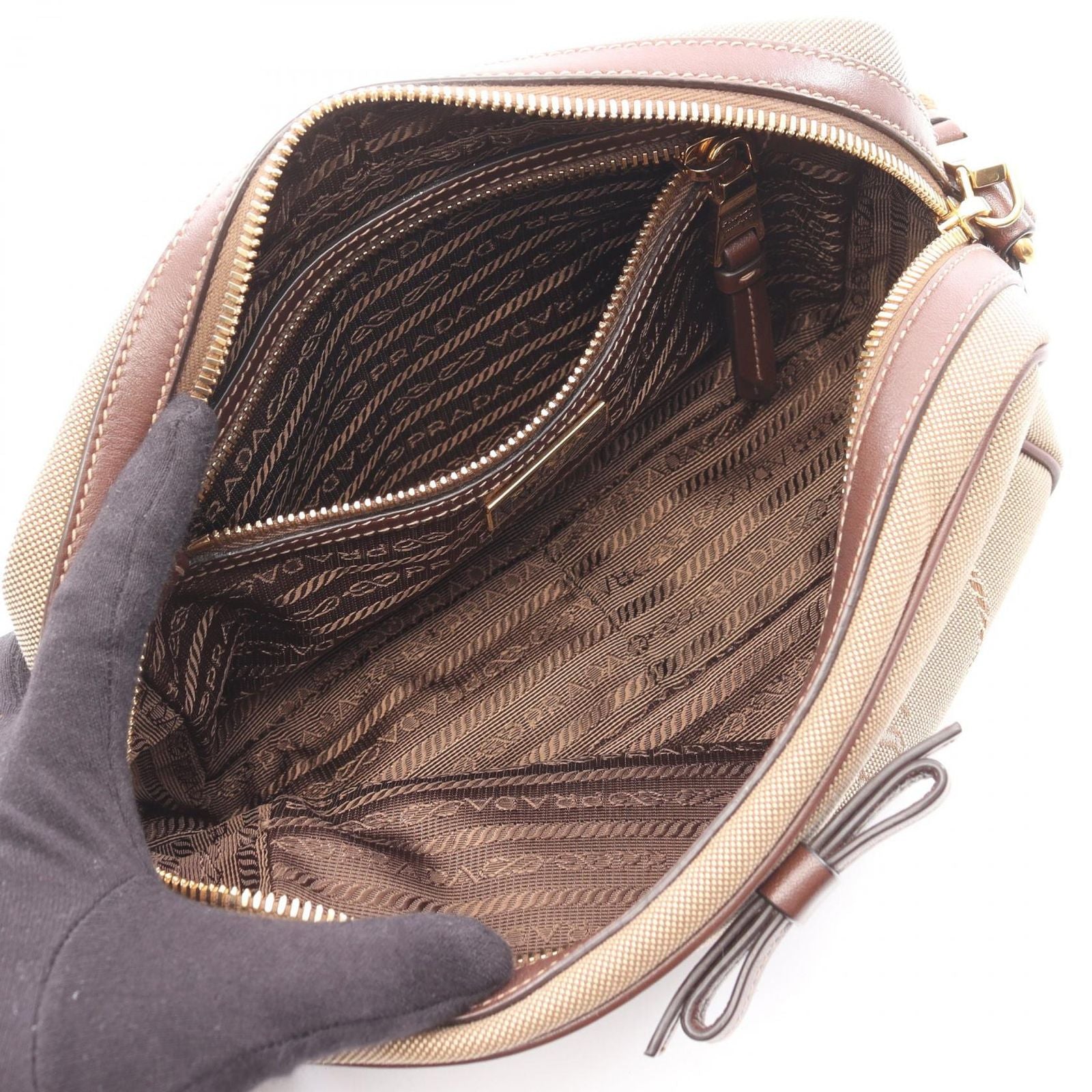 Prada Shoulder Bag Logo Jacquard Beige Canvas Leather Ribbon — view 3
