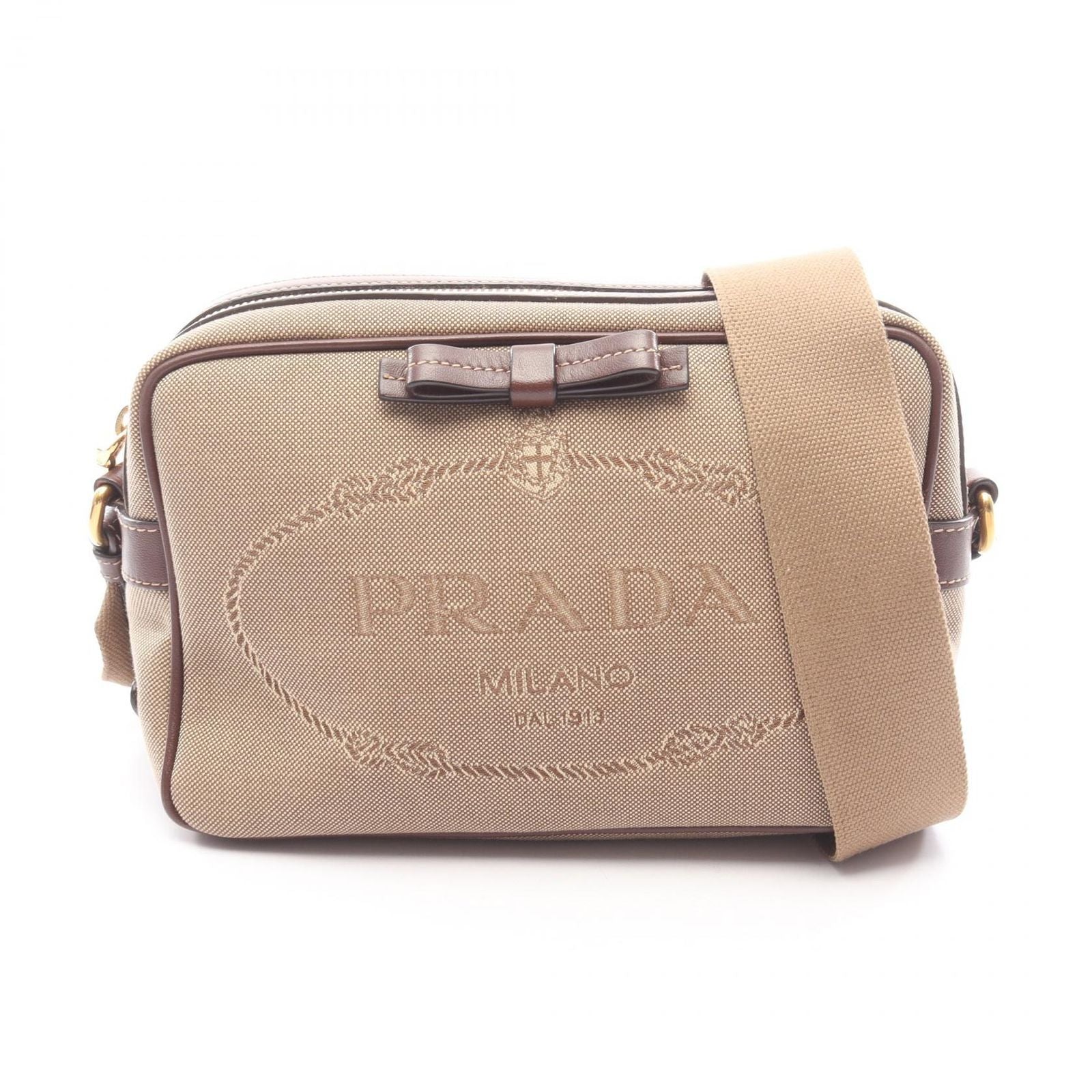 Prada Shoulder Bag Logo Jacquard Beige Canvas Leather Ribbon