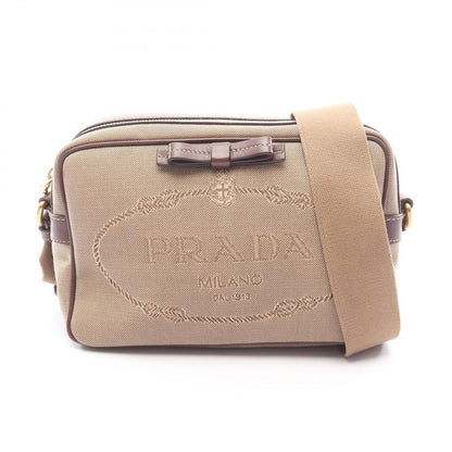 Prada Shoulder Bag Logo Jacquard Beige Canvas Leather Ribbon