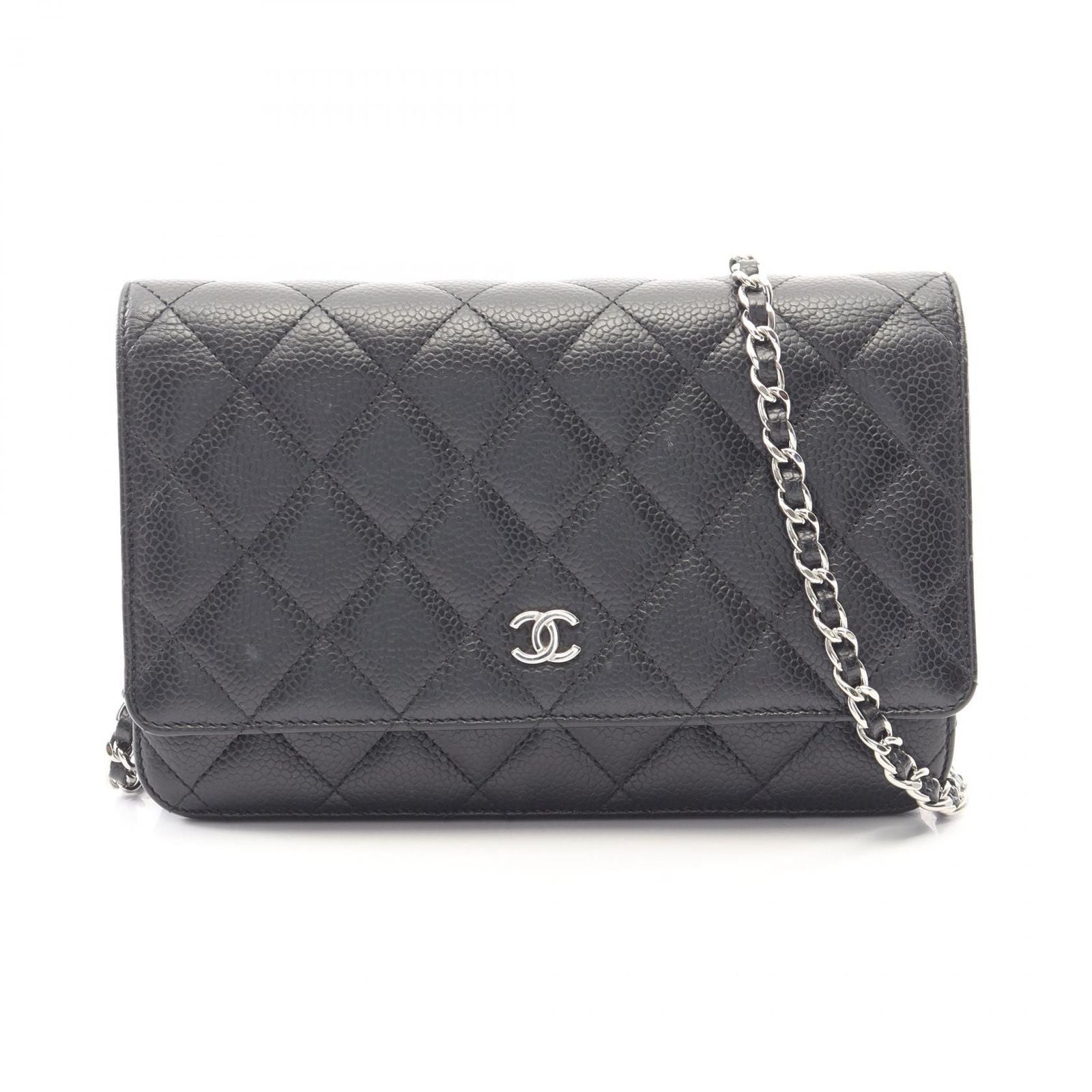 Chanel Shoulder Bag Quilted Black Caviar Leather Chain Wallet