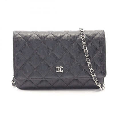 Chanel Shoulder Bag Quilted Black Caviar Leather Chain Wallet