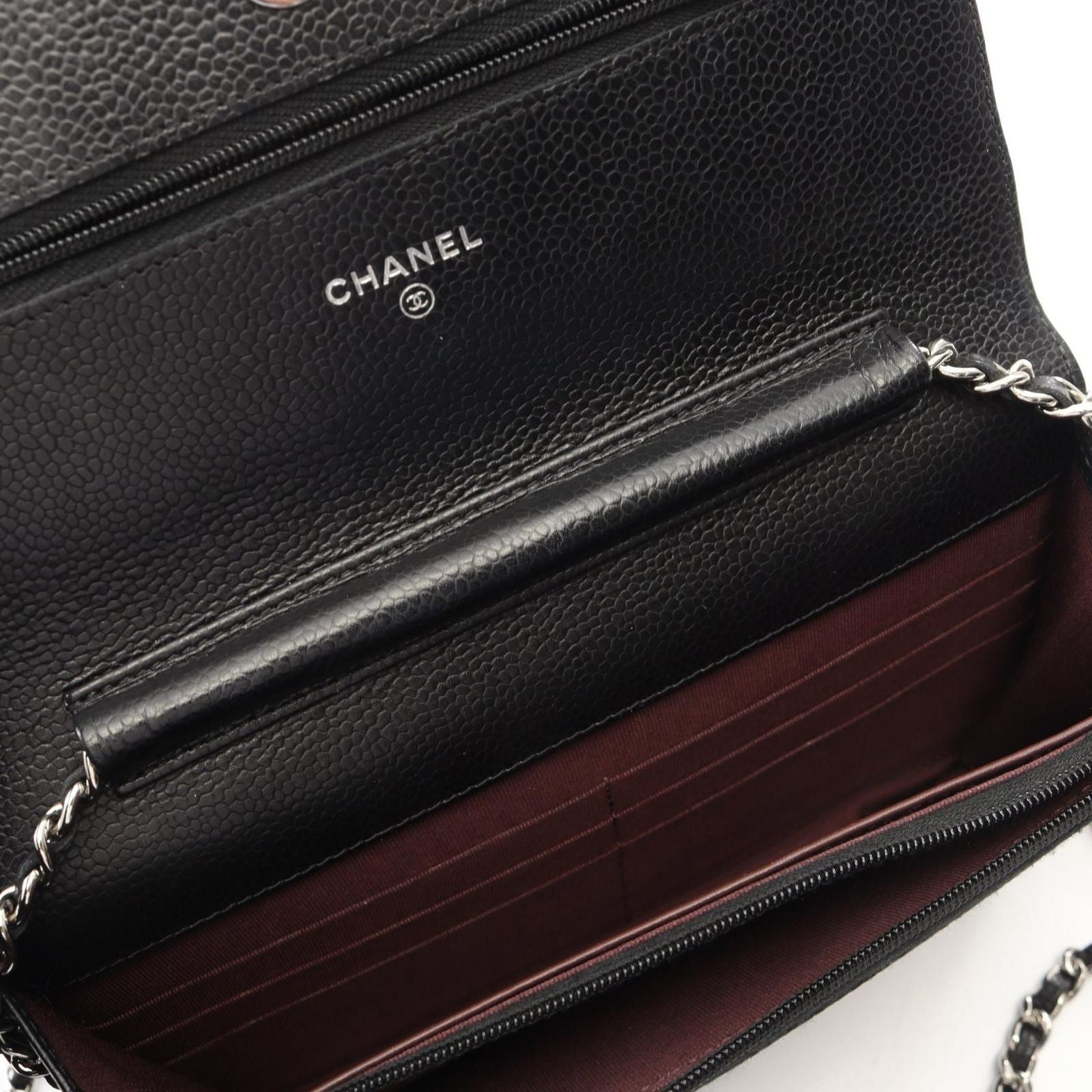 Chanel Shoulder Bag Quilted Black Caviar Leather Chain Wallet — view 7