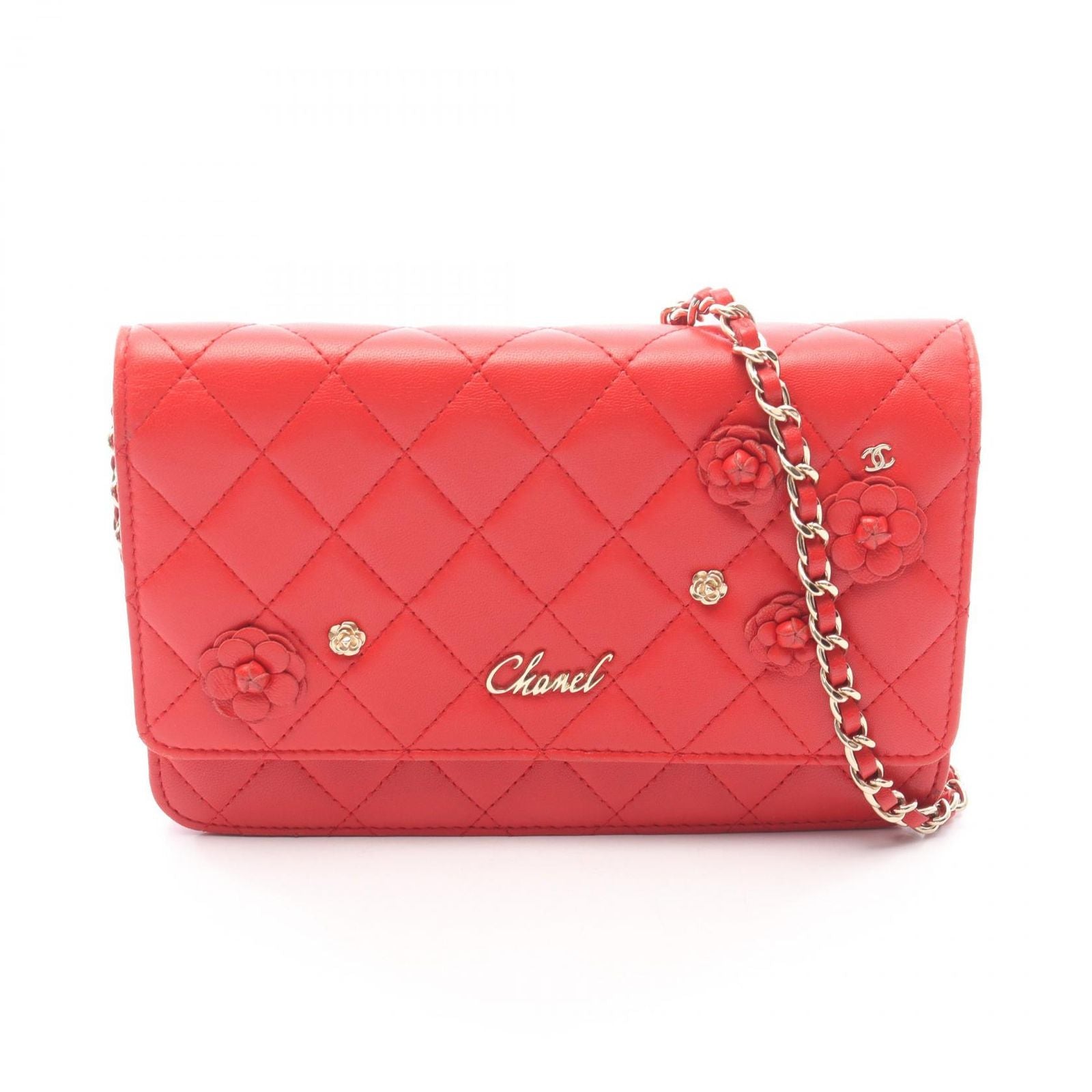 Chanel Shoulder Bag Quilted Camellia Red Lambskin Chain Wallet