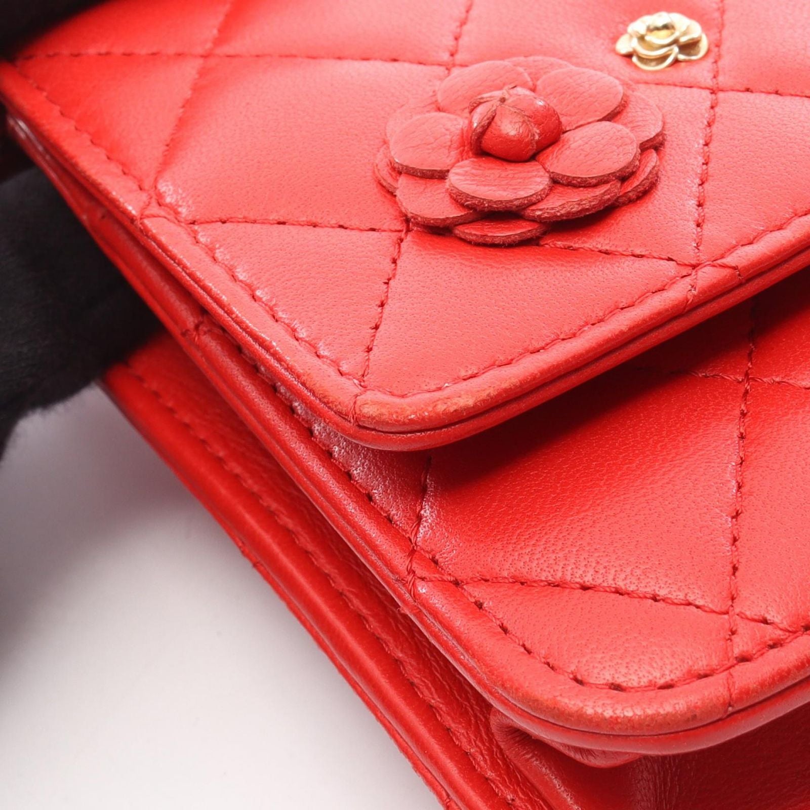 Chanel Shoulder Bag Quilted Camellia Red Lambskin Chain Wallet — view 8