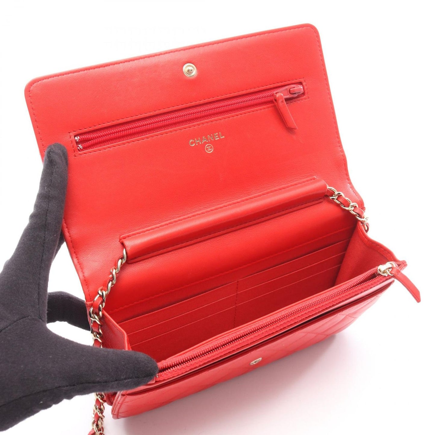 Chanel Shoulder Bag Quilted Camellia Red Lambskin Chain Wallet — view 3