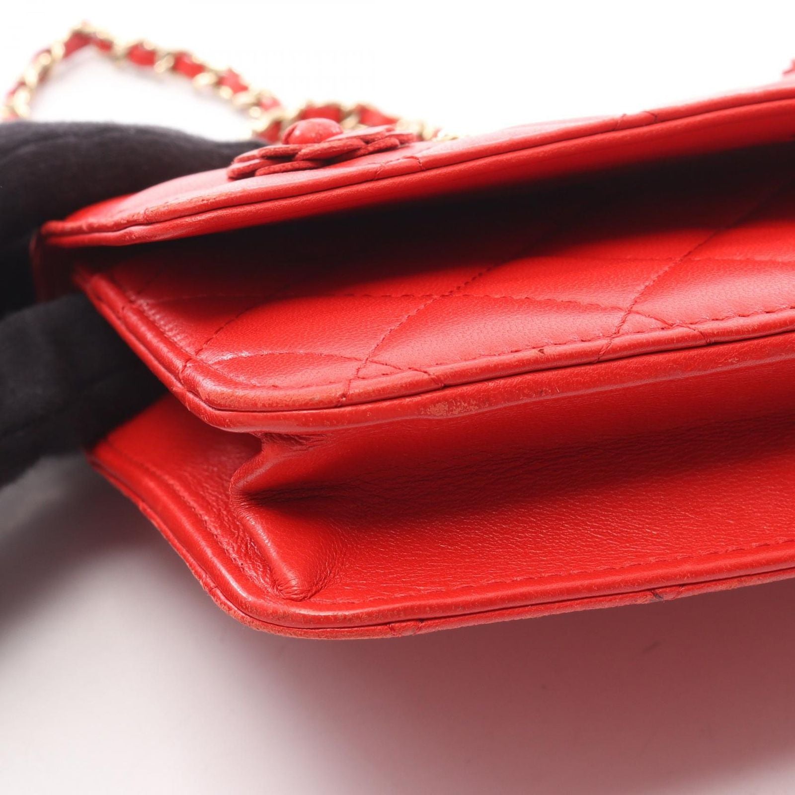 Chanel Shoulder Bag Quilted Camellia Red Lambskin Chain Wallet — view 9