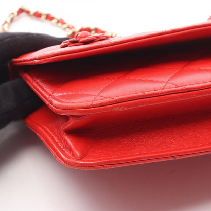 Chanel Shoulder Bag Quilted Camellia Red Lambskin Chain Wallet — view 9