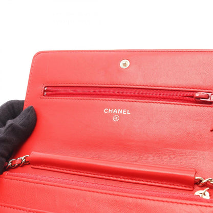 Chanel Shoulder Bag Quilted Camellia Red Lambskin Chain Wallet — view 7