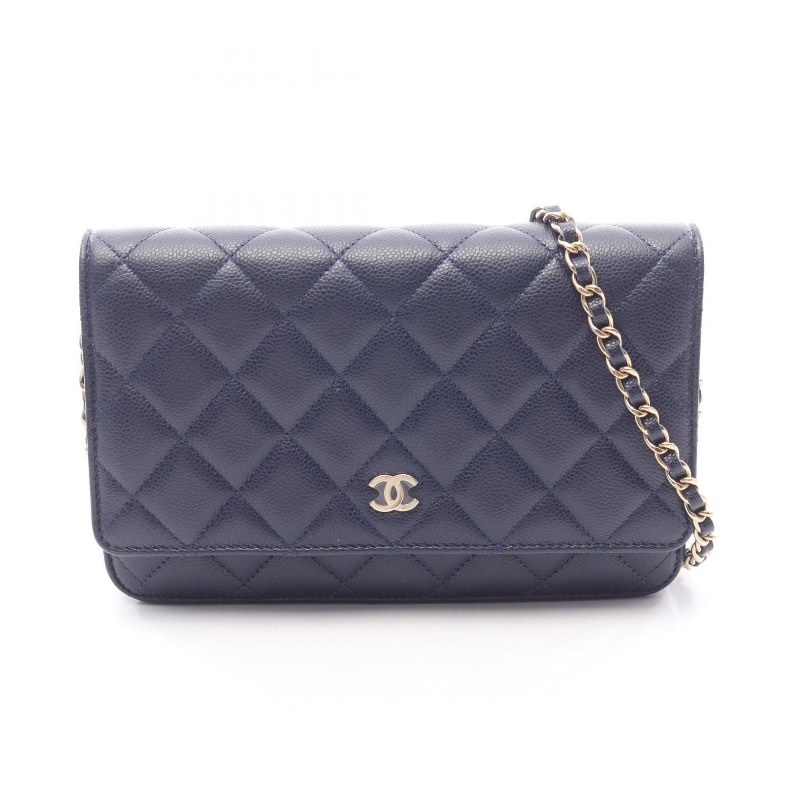 Chanel Shoulder Bag Quilted Navy Caviar Leather Chain Wallet