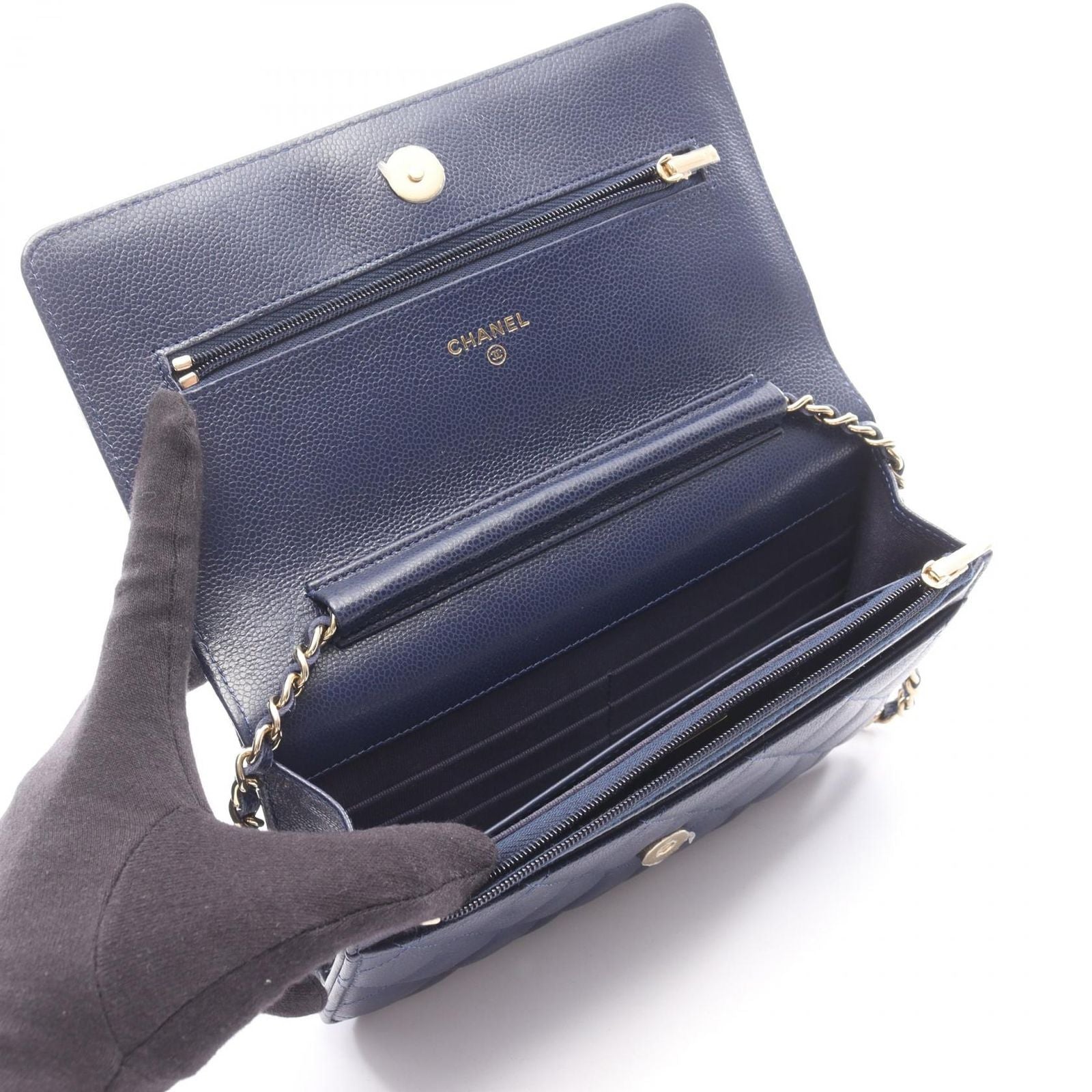 Chanel Shoulder Bag Quilted Navy Caviar Leather Chain Wallet — view 3
