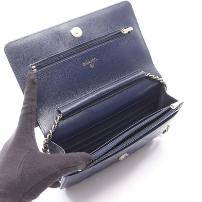 Chanel Shoulder Bag Quilted Navy Caviar Leather Chain Wallet — view 3