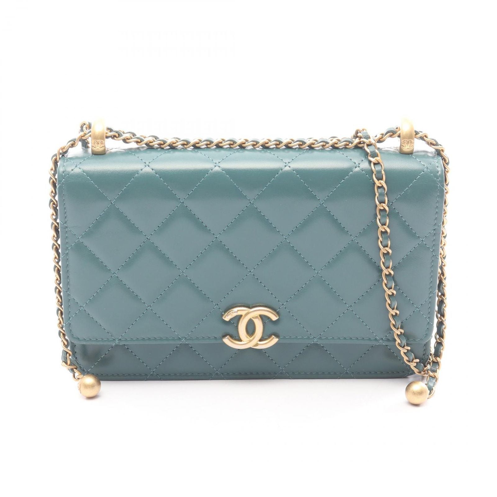 Chanel Shoulder Bag Quilted Green Leather Chain Wallet