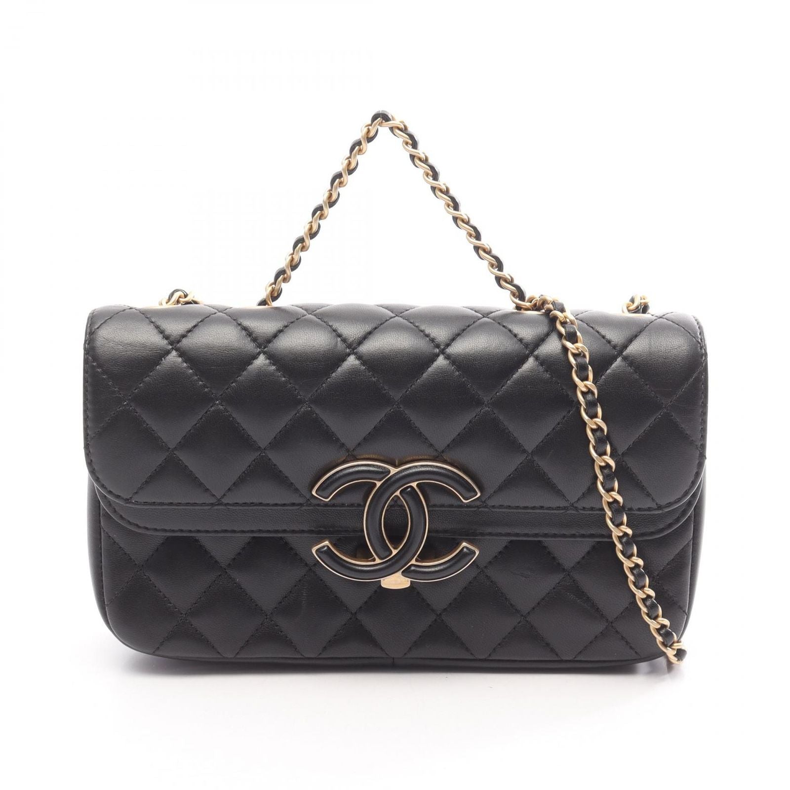 Chanel Shoulder Bag Quilted 2-Way Black Lambskin Chain