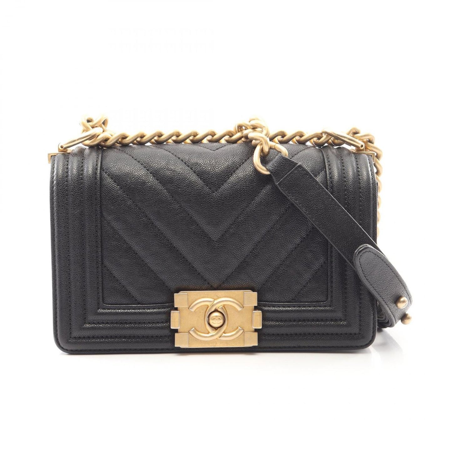 Chanel Shoulder Bag Small Black Caviar Leather Stitch Chain