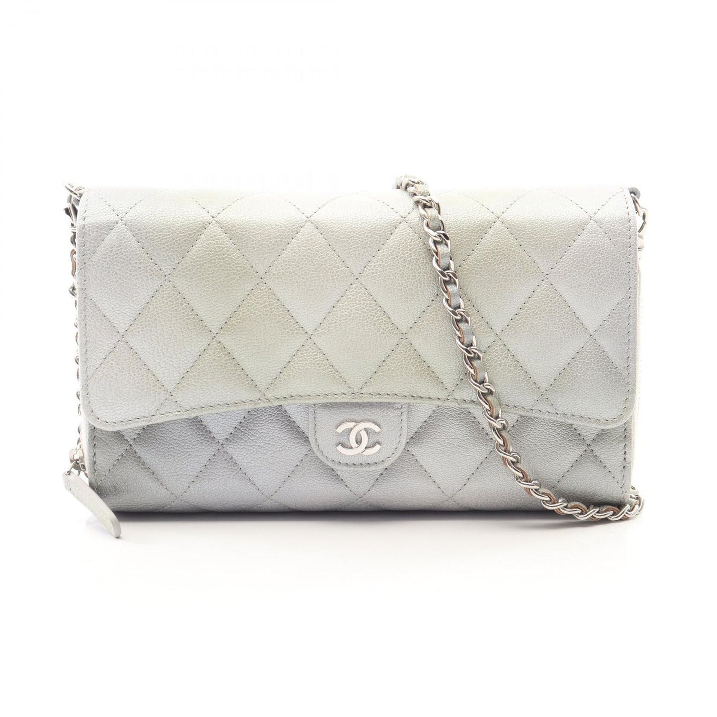 Chanel Shoulder Bag Quilted Phone Case Gradient Silver Green Caviar Leather