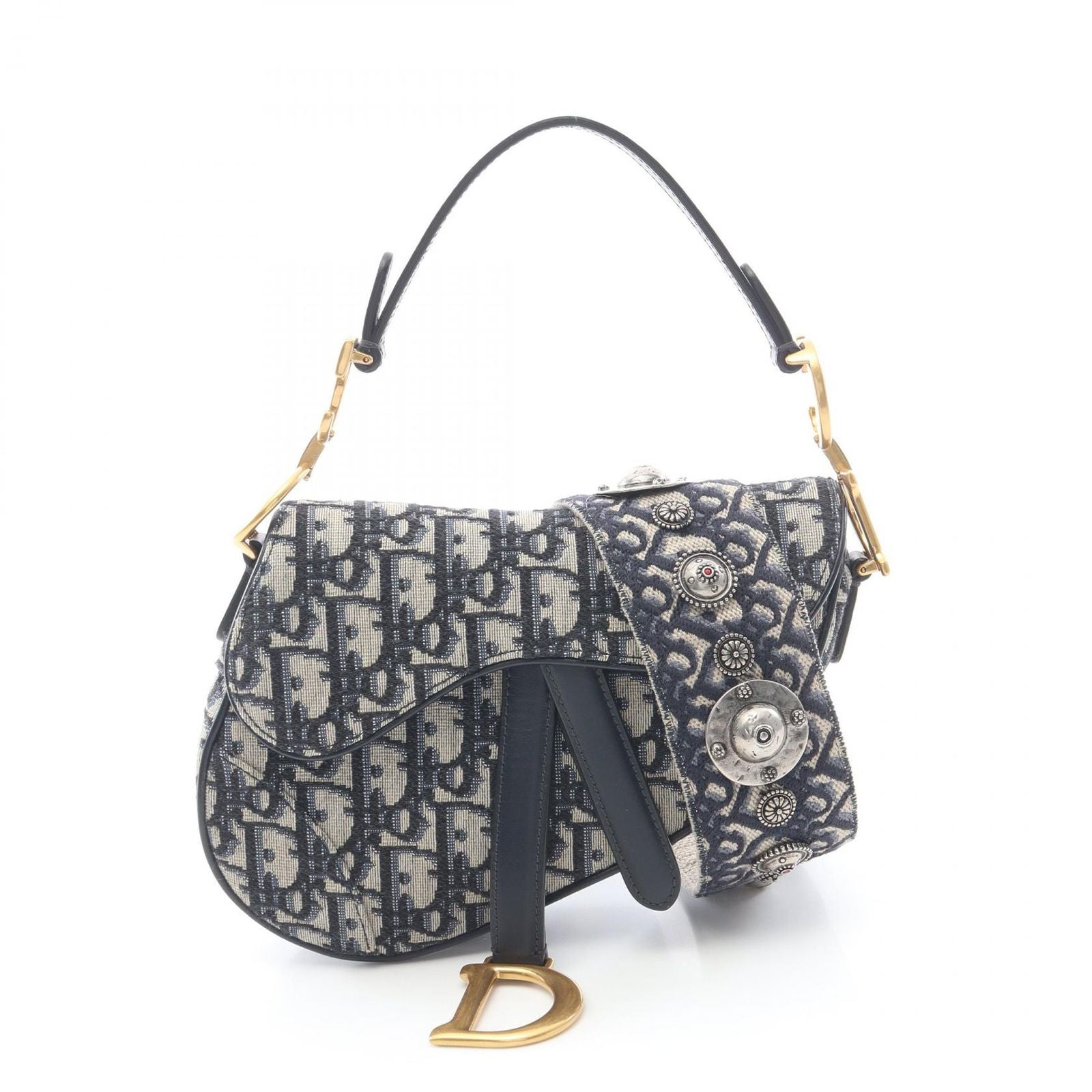 Dior Saddle Bag Mini Oblique Peacock 2-Way Navy Canvas Leather