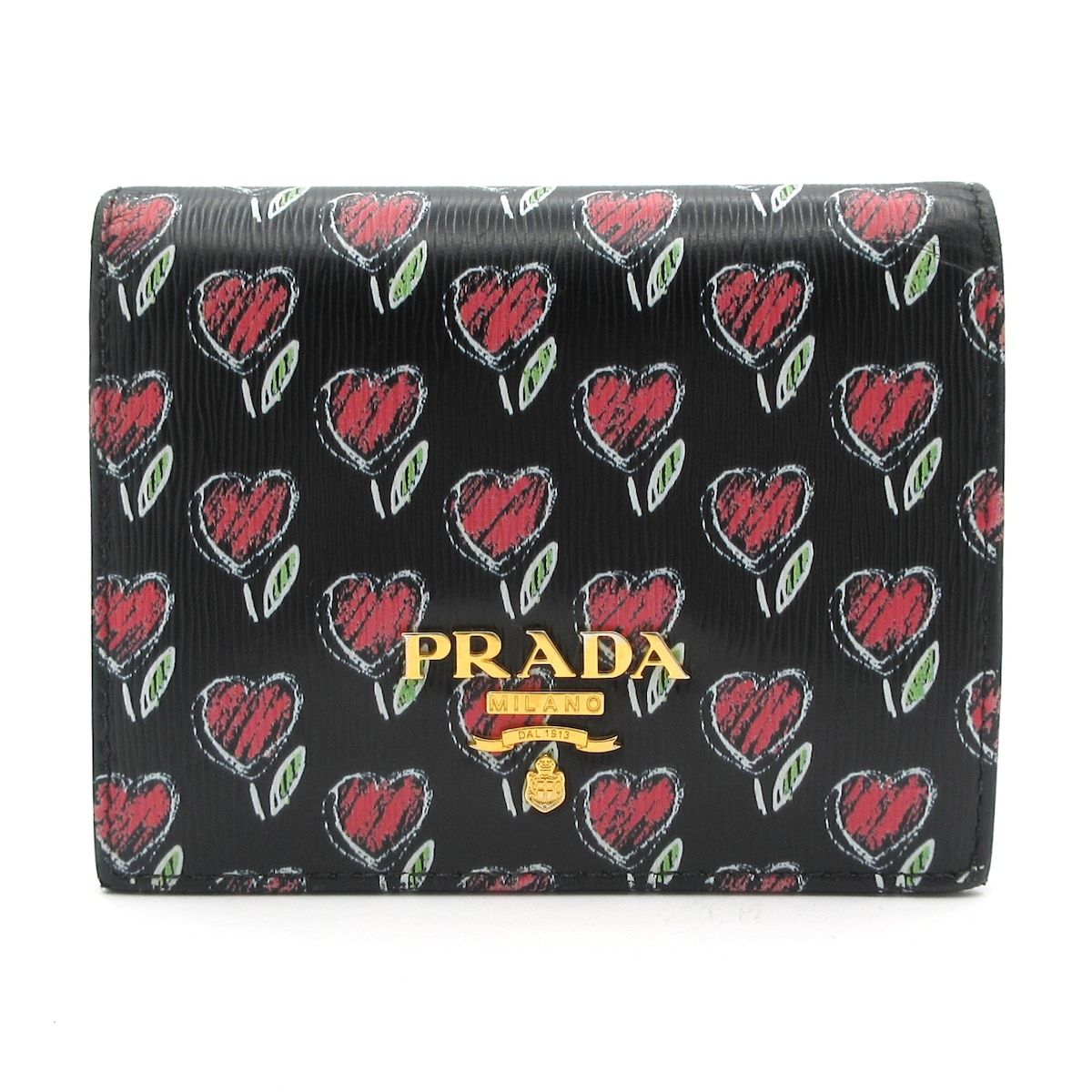 Prada Bifold Wallet Black Pink Multi Floral Pattern Leather