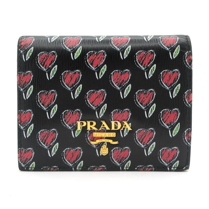 Prada Bifold Wallet Black Pink Multi Floral Pattern Leather