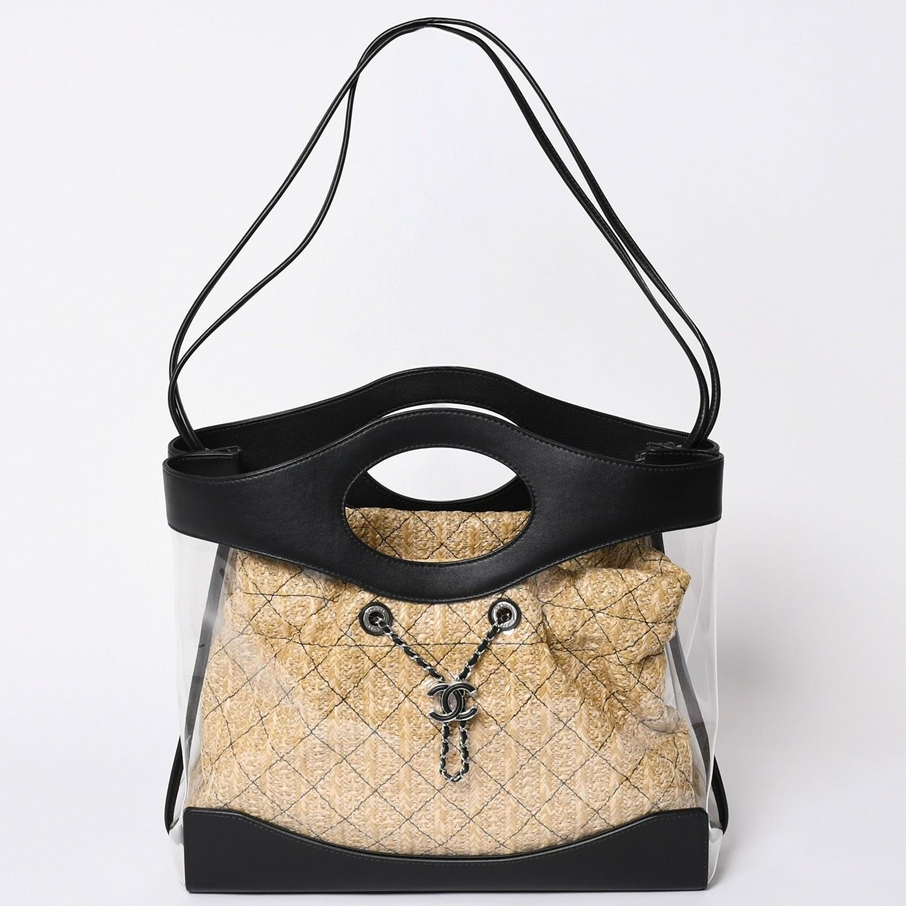 Chanel 2-Way Shoulder Bag CC Logo Vinyl Linen Lambskin Black Silver
