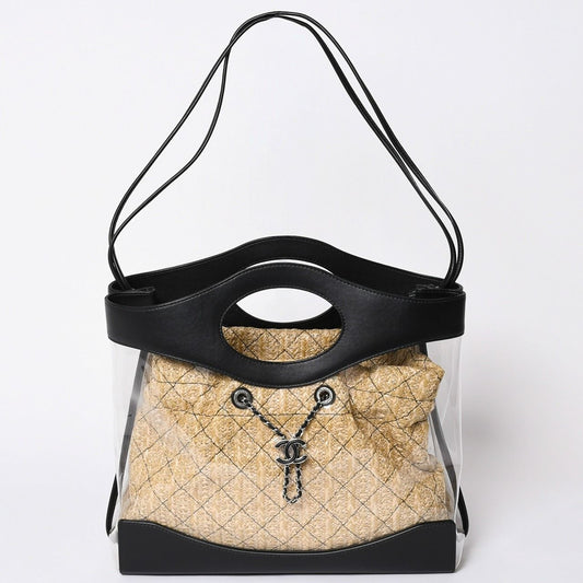 Chanel 2-Way Shoulder Bag CC Logo Vinyl Linen Lambskin Black Silver