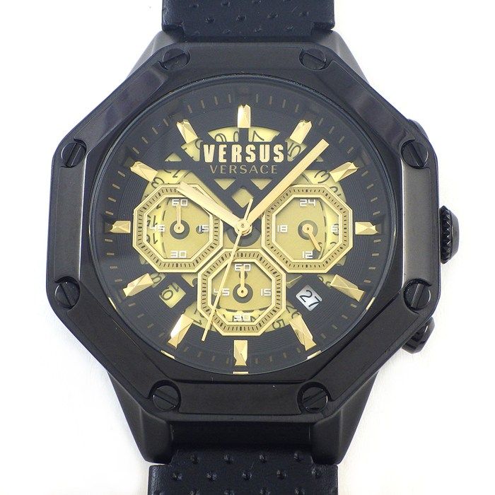 Versace Watch Palestro Date Chronograph Black Gold Dial SS Leather Quartz Analog