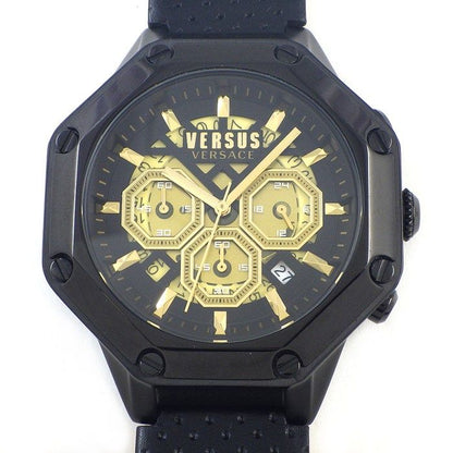 Versace Watch Palestro Date Chronograph Black Gold Dial SS Leather Quartz Analog