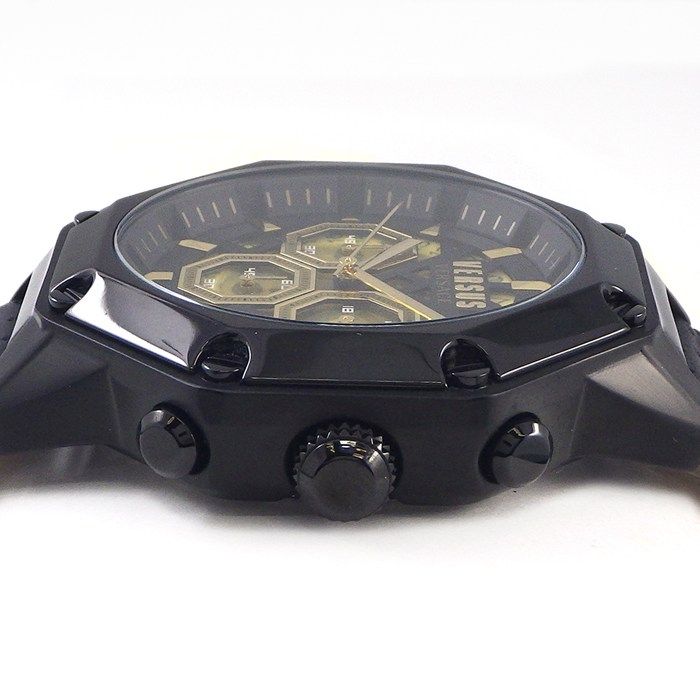 Versace Watch Palestro Date Chronograph Black Gold Dial SS Leather Quartz Analog — view 2