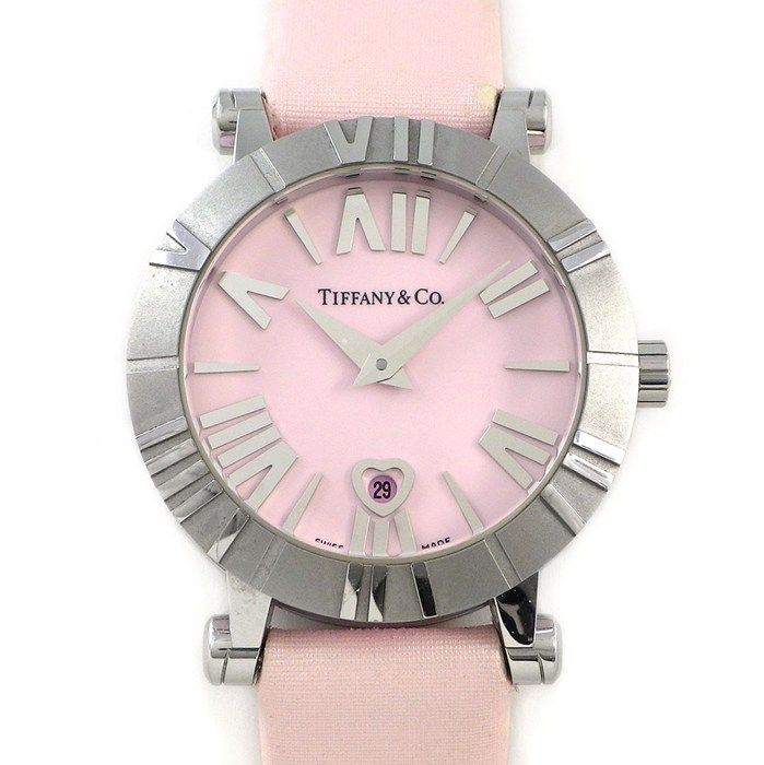 Tiffany & Co Watch Atlas Heart Date Roman Index Pink Dial SS Ceramic Satin