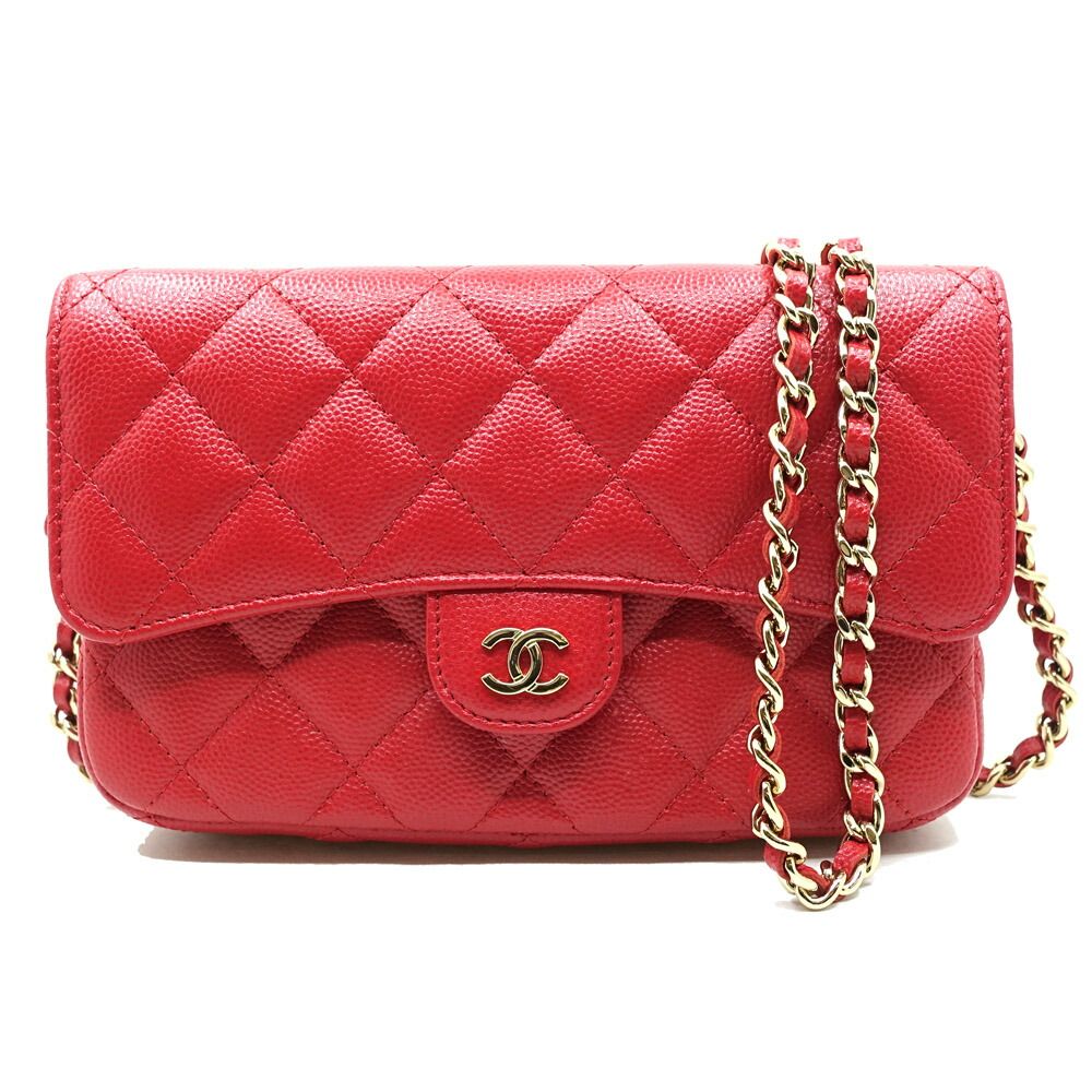Chanel Phone Case Wallet Caviar Leather Red
