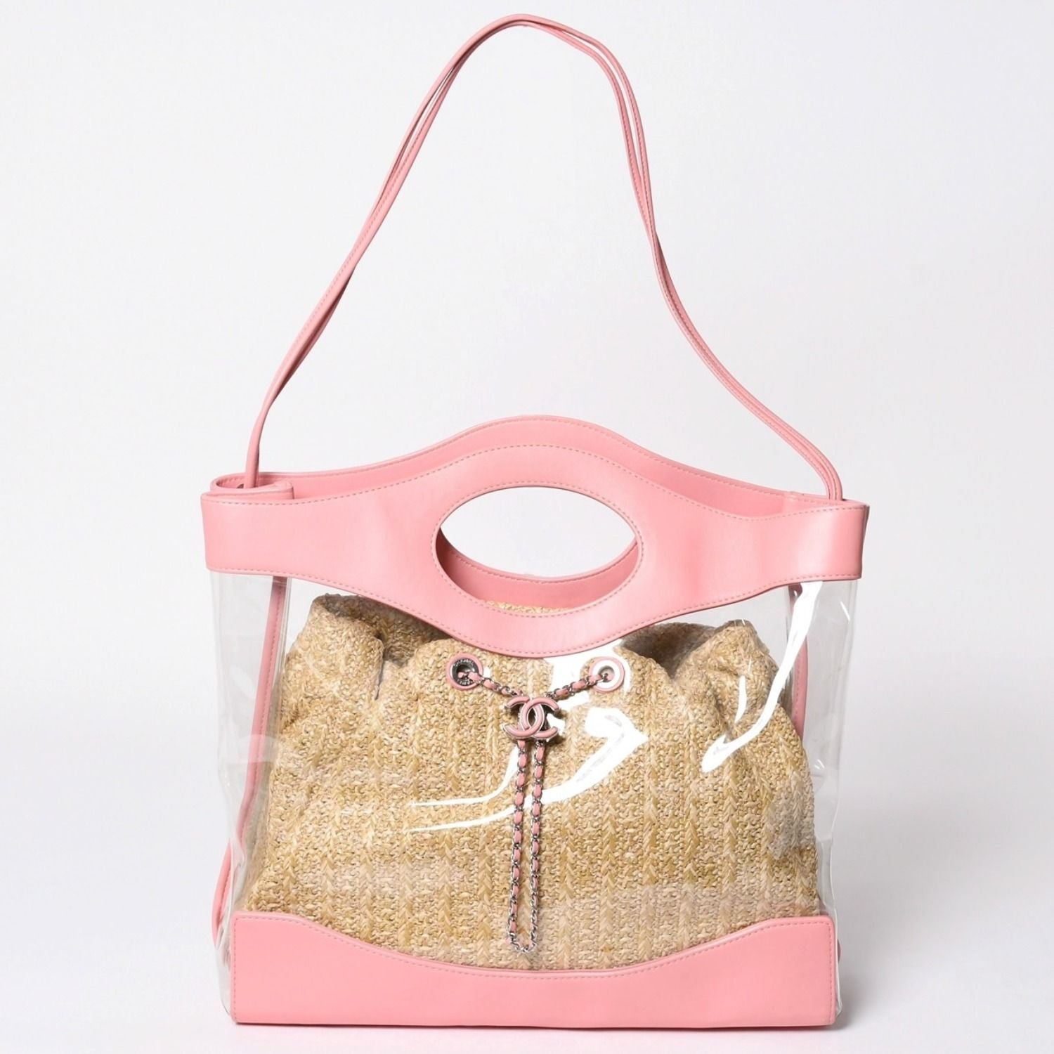 Chanel 31 Large Shopping Bag CC Logo Straw Leather Vinyl Pink
