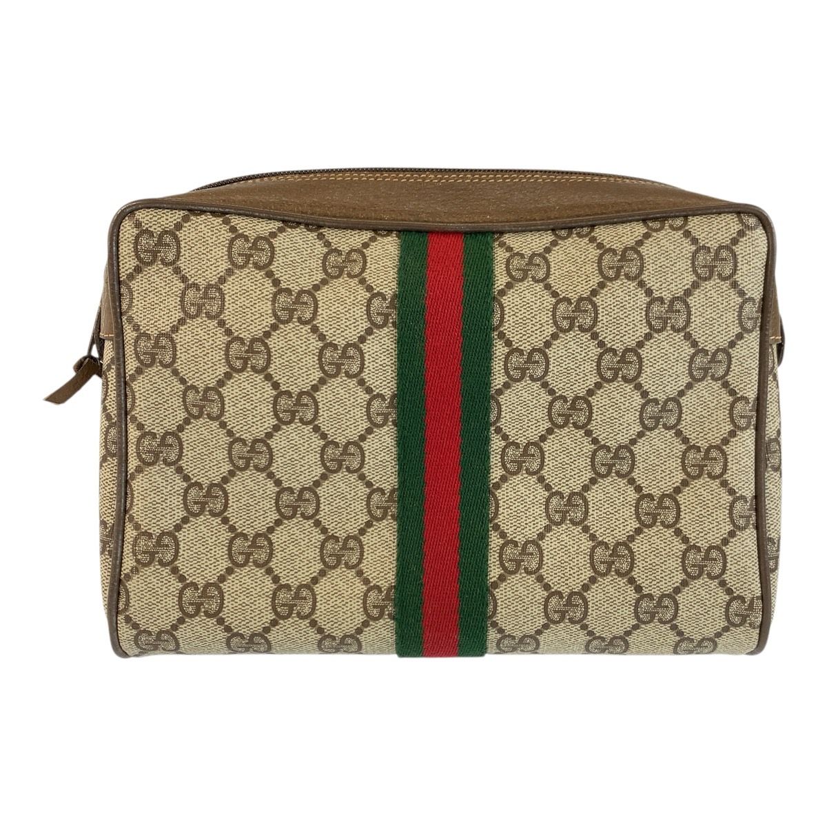 Gucci Sherry Line Beige Brown GG Supreme Canvas Leather Clutch Pouch