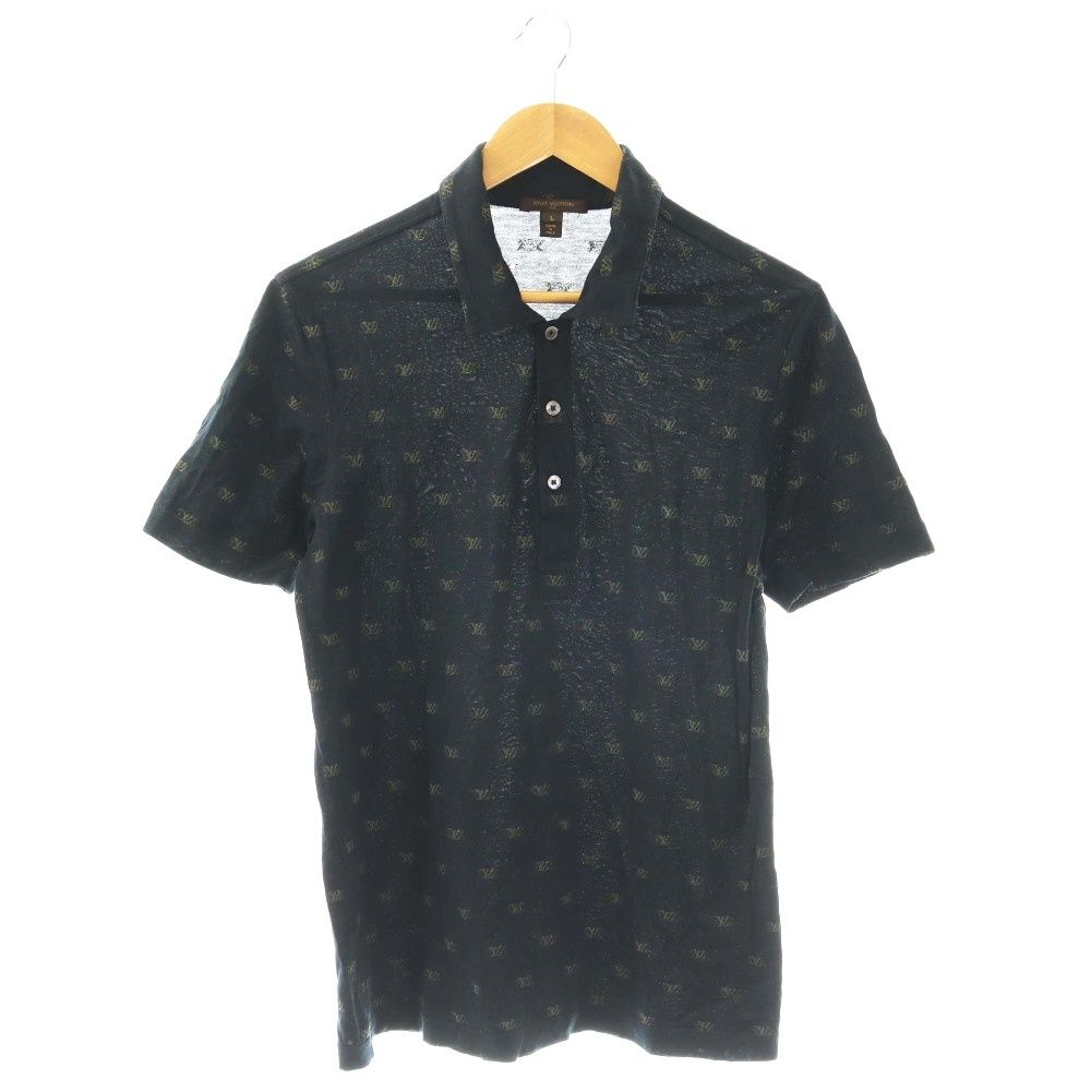Louis Vuitton Polo Shirt Short Sleeve Monogram Logo All Over Pattern L Black