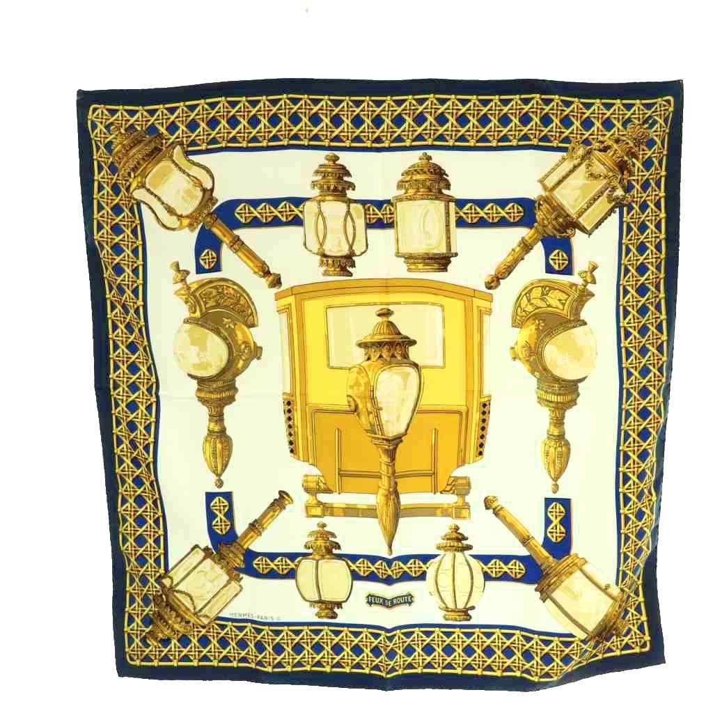 Hermes Carre 90 Feux de Route Carriage Lantern Scarf Silk Multicolor Blue