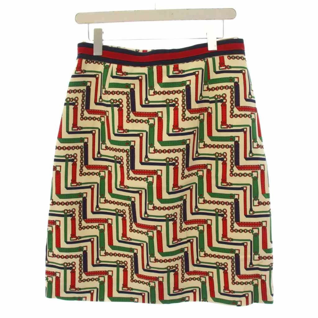 Gucci Chain Belt Pattern Tight Skirt Knee Length Silk Wool 44 White Red