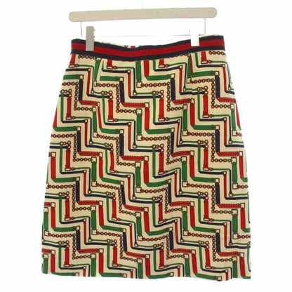 Gucci Chain Belt Pattern Tight Skirt Knee Length Silk Wool 44 White Red