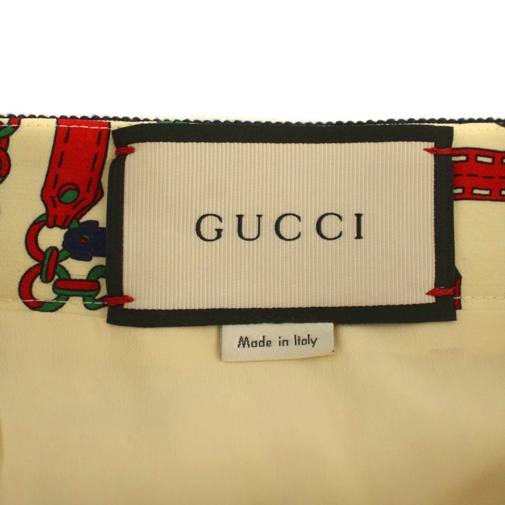 Gucci Chain Belt Pattern Tight Skirt Knee Length Silk Wool 44 White Red — view 3