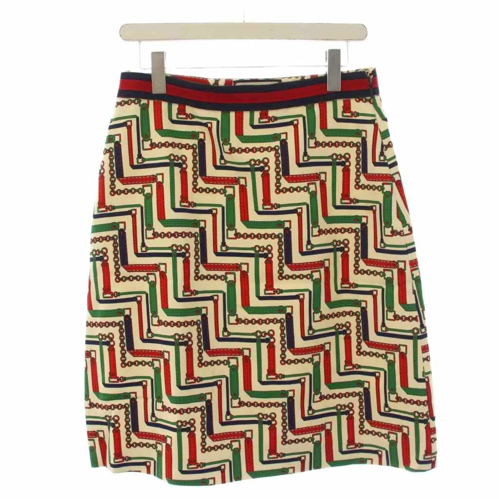 Gucci Chain Belt Pattern Tight Skirt Knee Length Silk Wool 44 White Red — view 2