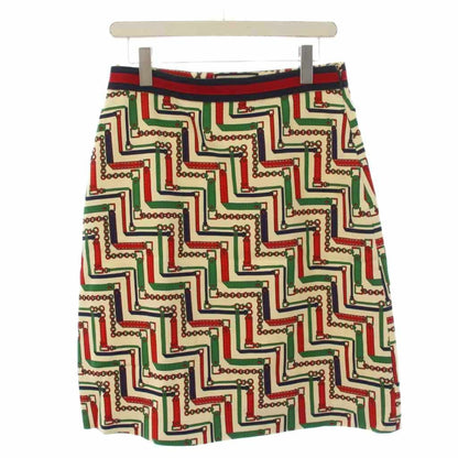 Gucci Chain Belt Pattern Tight Skirt Knee Length Silk Wool 44 White Red — view 2