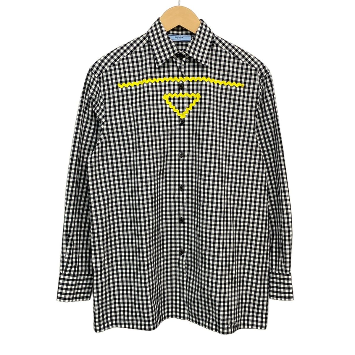 Prada Long Sleeve Shirt Blouse 36 S Black White Yellow Plaid Pattern
