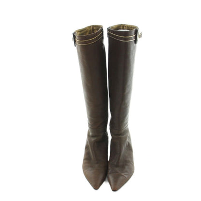 Prada Long Boots Pointed Toe Heels Leather Gold 36.5 Brown — view 2