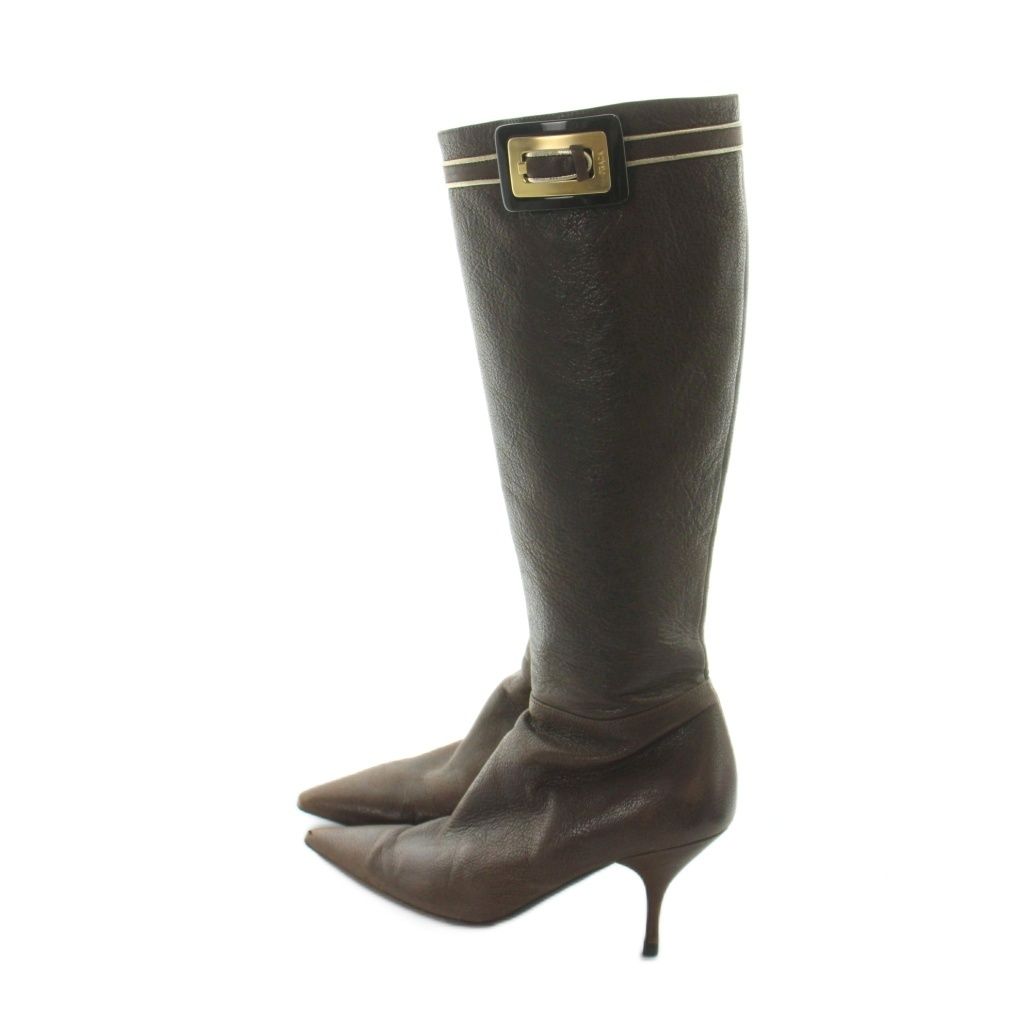 Prada Long Boots Pointed Toe Heels Leather Gold 36.5 Brown