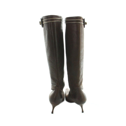 Prada Long Boots Pointed Toe Heels Leather Gold 36.5 Brown — view 3