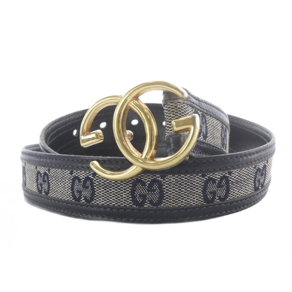 Gucci Belt Signature Logo Leather 70 28 Navy Gold