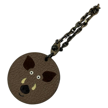 Hermes Key Holder Animal Key Dark Brown Silver Multi Boar Leather