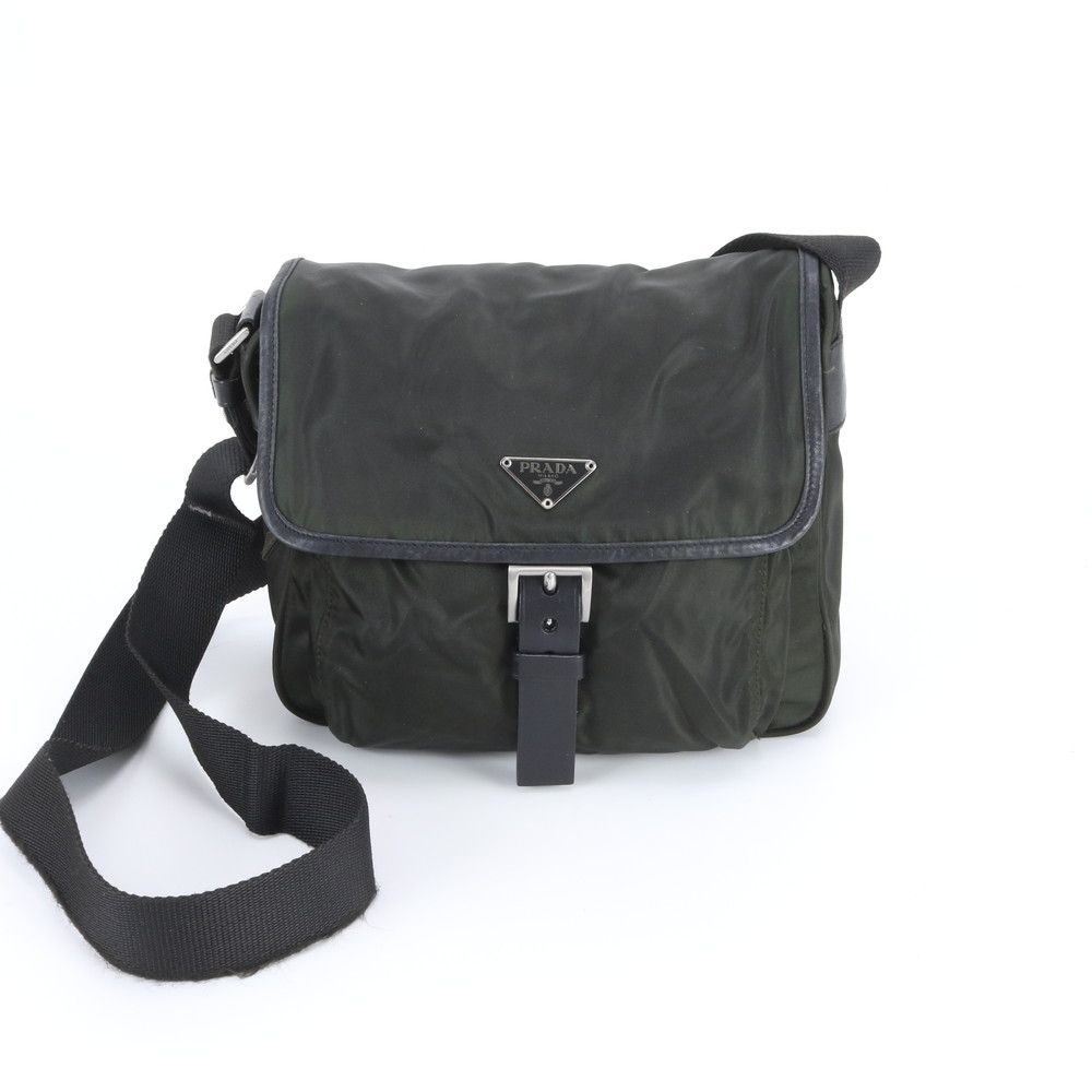 Prada Tessuto Nylon Triangle Logo Khaki Leather Shoulder Bag Crossbody Messenger