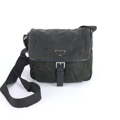 Prada Tessuto Nylon Triangle Logo Khaki Leather Shoulder Bag Crossbody Messenger