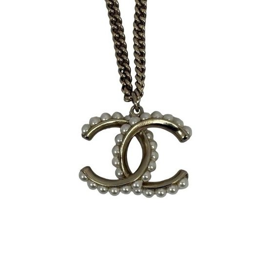 Chanel Necklace CC Logo Champagne Gold Metal Faux Pearl